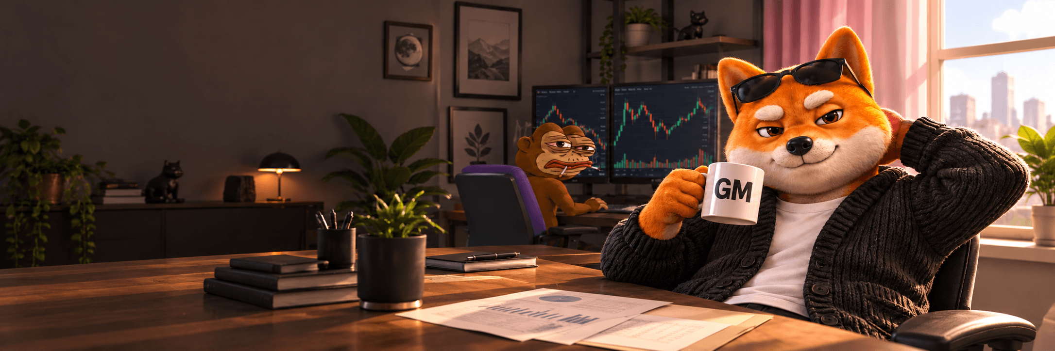 Mati in a dark cardigan holding a GM mug, with a companion at trading monitors in a sunlit office